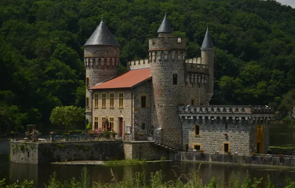 Картинка Франция, Озеро, Замок, France, Castle, Lake, Chateau de La Roche, Сен-Прьест-ла-Рош