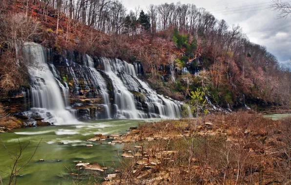 Картинка осень, деревья, природа, скала, водопад, США, Теннесси, Rock Island State Park