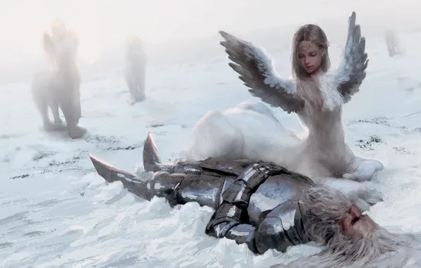Картинка снег, крылья, доспехи, существо, Воин
