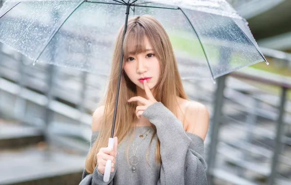 Картинка девушка, зонтик, дождь, волосы, азиатка