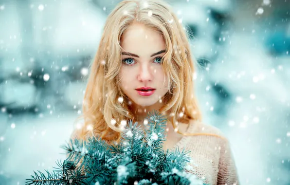 Картинка взгляд, снег, лицо, настроение, блондинка, еловые ветки, Ольга Бойко