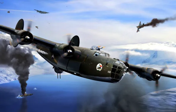 Картинка Рисунок, бомбардировщик, американский, USAF, тяжёлый, массовый, Liberator, Consolidated, WWII, Nakajima A6M2-N, B-24D, JNAF, Самый