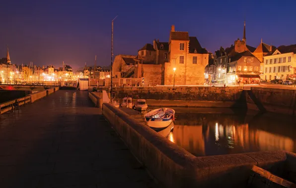 Картинка ночь, мост, огни, река, Франция, дома, лодки, фонари, канал, Honfleur