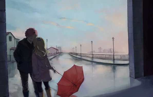 Картинка улица, романтика, зонт, арт, пара, парочка