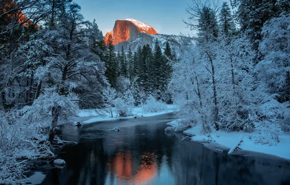 Картинка снег, река, гора, Landscape, Yosemite National Park