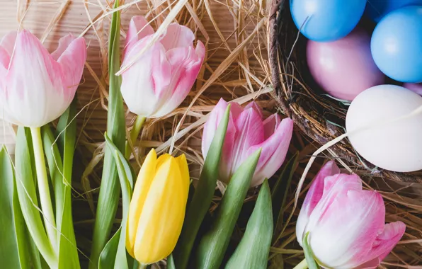 Картинка цветы, весна, Пасха, тюльпаны, розовые, pink, flowers, tulips, spring, Easter, eggs, decoration, Happy, tender, яйца …