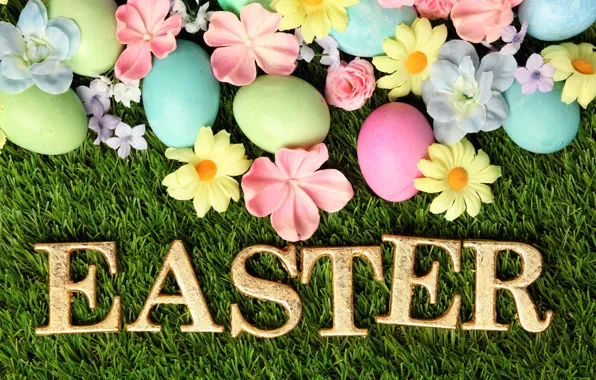 Картинка трава, цветы, Пасха, flowers, spring, Easter, eggs, decoration, Happy, яйца крашеные