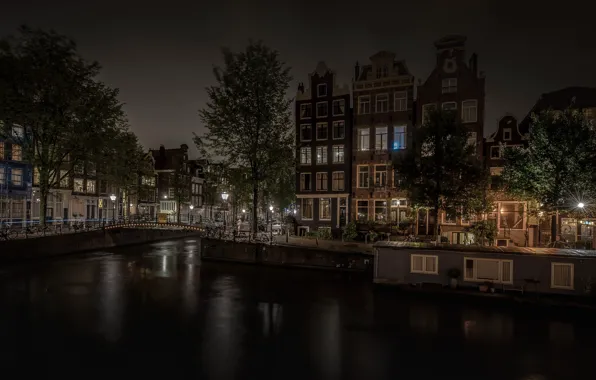 Картинка ночь, огни, дома, Амстердам, канал, Нидерланды