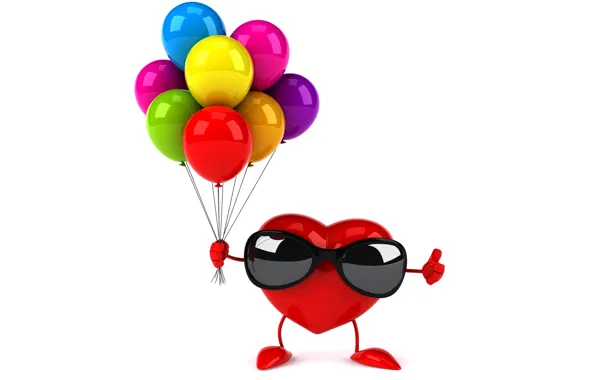 Картинка воздушные шары, сердце, colorful, очки, red, heart, funny, rendering, balloons, sunglasses, 3D Art