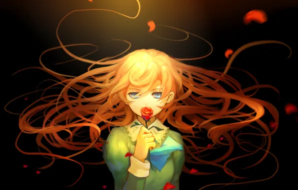 Картинка цветок, девушка, волосы, аниме, лепестки, арт, mary, aoiakamaou