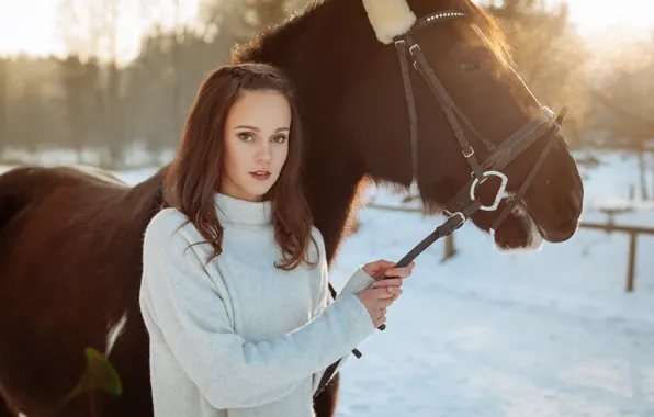 Картинка зима, девушка, лошадь
