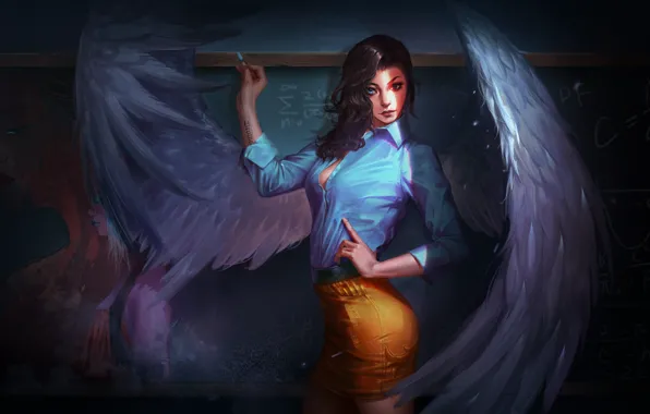 Картинка взгляд, девушка, крылья, ангел, фэнтези, арт, доска, училка, мел