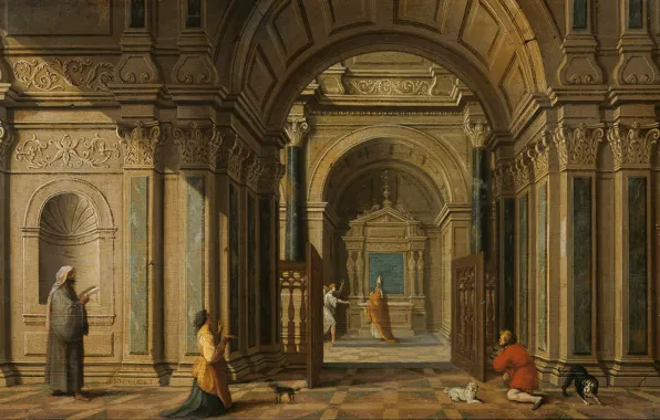 Картинка масло, картина, мифология, Явление Архангела Гавриила Захарию, Nicolaas de Gijselaer