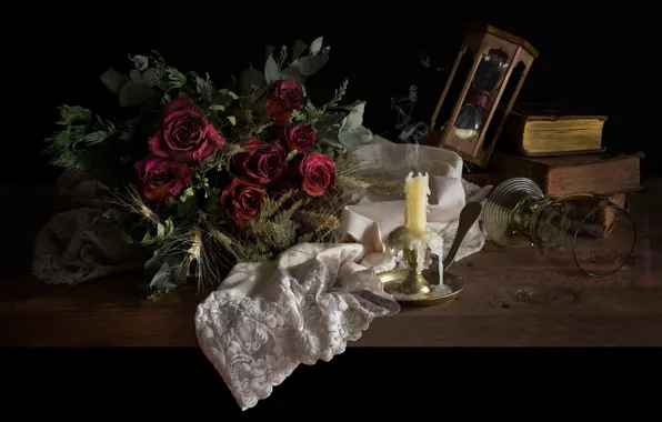 Картинка часы, бокал, книги, розы, свеча, скатерьб