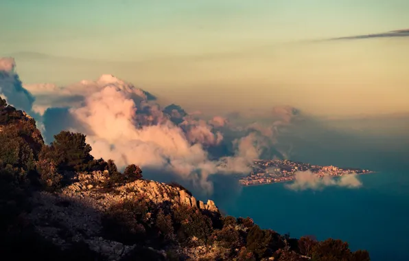Картинка море, облака, деревья, камни, скалы, побережье, высота, вид сверху, Монако