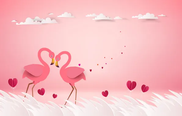 Картинка любовь, птицы, рендеринг, пара, сердечки, розовый фон, фламинго