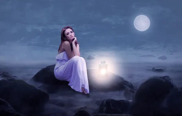 Картинка небо, девушка, облака, свет, ночь, туман, луна, платье, арт, фонарь, красивая, сидит, в белом, на …