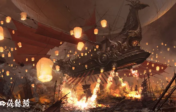 Картинка огонь, корабли, фонари, сражение, asset
