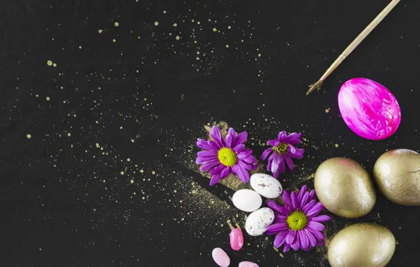 Картинка цветы, праздник, яйца, Пасха, хризантемы