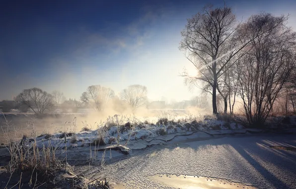 Картинка зима, свет, туман, река, утро