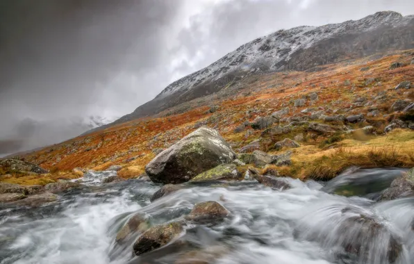 Картинка облака, горы, река, камни, поток, Уэльс