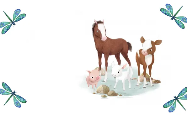 Картинка животные, рисунок, стрекоза, арт, детская, лошадка, поросёнок, козочка, телёнок, Sydney Hanson