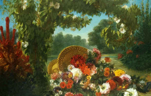Картинка пейзаж, картина, Корзина Цветов, Эжен Делакруа, Ferdinand Victor Eugene Delacroix