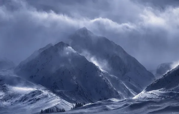 Картинка зима, облака, снег, горы