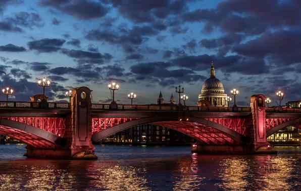 Картинка облака, мост, огни, река, Англия, Лондон, Темза, Собор Святого Павла