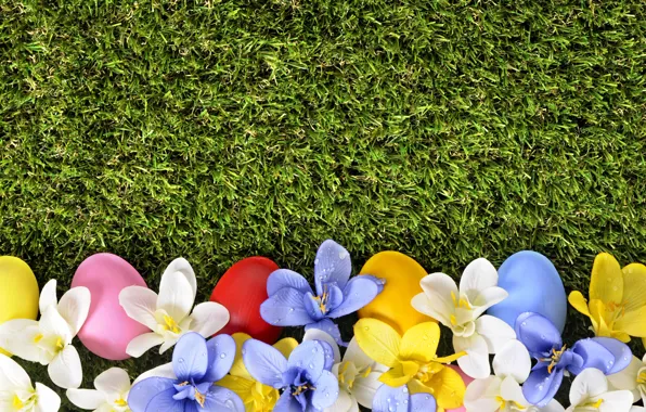 Картинка трава, цветы, весна, Пасха, flowers, spring, Easter, eggs, decoration, green grass, Happy, яйца крашеные