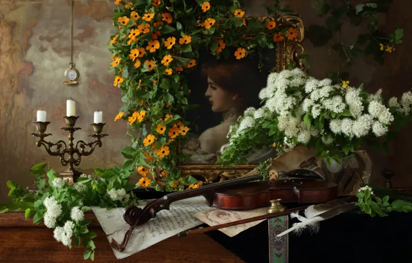 Картинка цветы, перо, скрипка, часы, картина