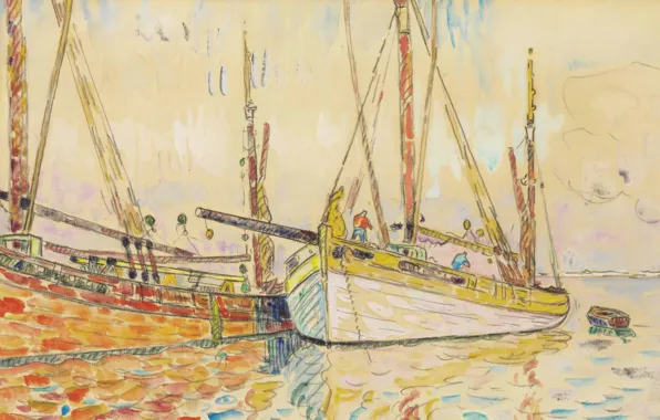 Картинка рисунок, акварель, Поль Синьяк, Парусные Лодки в Порт-Луи
