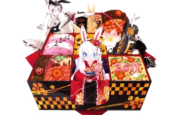 Картинка коробка, кимоно, голубые глаза, ушки, обед, закуски, бенто, ben-to, rabbit girl