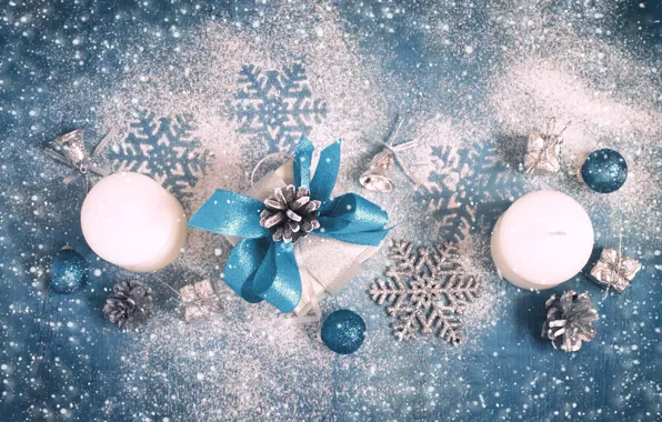 Картинка снег, украшения, снежинки, свечи, Новый Год, Рождество, Christmas, wood, blue, Merry Christmas, Xmas, decoration