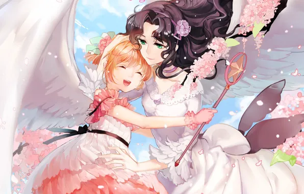 Картинка девочки, крылья, ангел, Card Captor Sakura, подружки, Сакура - собирательница карт