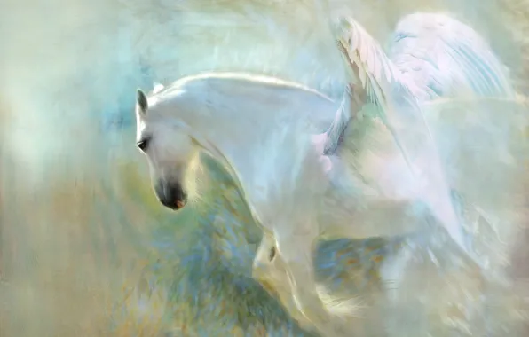Картинка белый, морда, свет, полет, фон, конь, лошадь, крылья, светлый, картина, атмосфера, фэнтези, арт, живопись, пегас, …