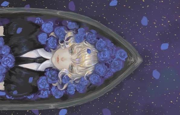 Картинка девушка, розы, аниме, арт, синие розы, Houseki no Kuni