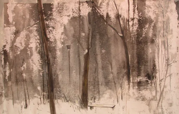 Картинка зима, снег, деревья, дом, лавочка, фонарь, Светлана Нестерова, Предчувствие войны