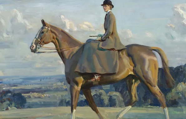 Картинка лошадь, картина, Альфред Джеймс Маннингс, Alfred James Munnings, Конный Портрет Леди Барбары Лоутер