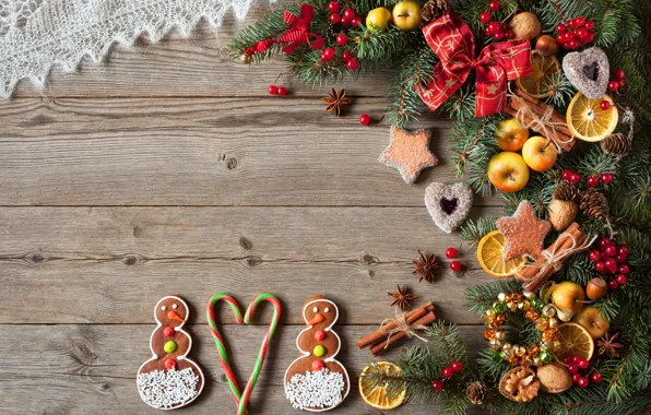 Картинка украшения, ягоды, елка, Новый Год, печенье, Рождество, сердечки, снеговики, фрукты, орехи, Christmas, wood, hearts, Merry …