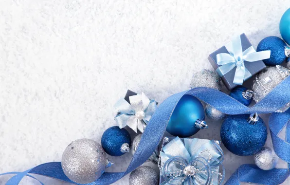 Картинка синий, ленты, новогодние украшения, новогодние игрушки, подарочки