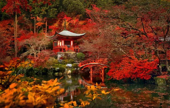 Картинка деревья, мост, пруд, Япония, сад, Киото, храм Дайго-дзи Bentendo Hall