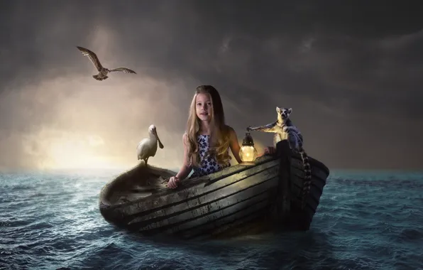 Картинка море, вода, птицы, лодка, девочка, фонарь, лемур