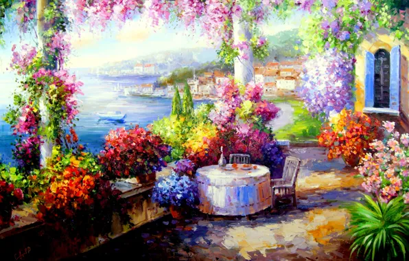Картинка цветы, стол, дома, окно, веранда, Смородинов Руслан
