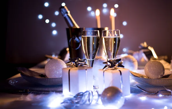 Картинка праздник, бокалы, подарки, Новый год, шампанское, декор, сервировка, Jean-Philippe WALLET