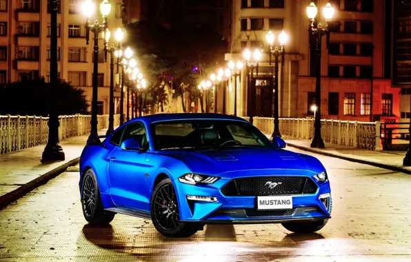 Картинка синий, Ford, вид спереди, Fastback, 2018, Mustang GT