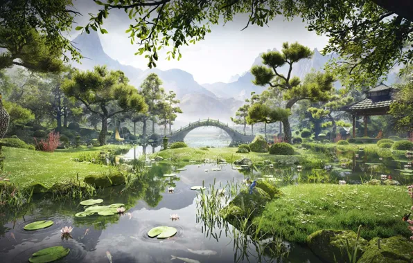 Картинка горы, мост, река, растительность, Meditation Garden