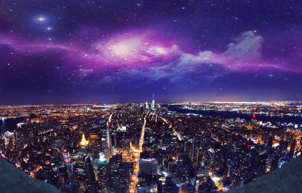 Картинка ночь, город, огни, Нью-Йорк, небоскребы, USA, США, New York, манхэттен, manhattan