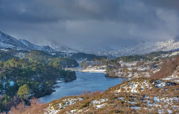 Картинка зима, снег, горы, природа, озеро, Шотландия