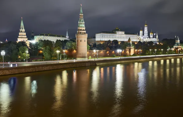 Картинка река, Город, Москва, Ночной пейзаж